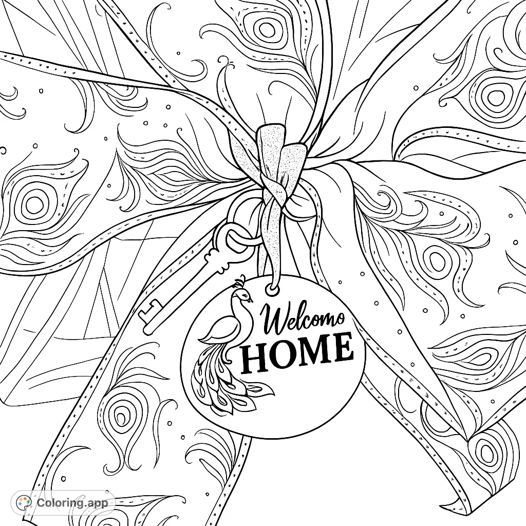 An elegant peacock-themed bow with a vintage key and decorative tag. Intricate feather patterns offer a beautiful coloring challenge.