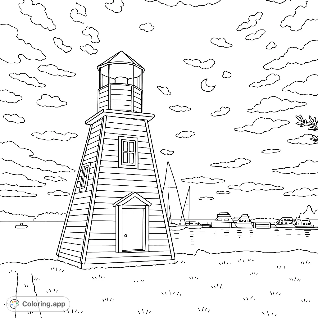 Explore a serene lighthouse coloring page featuring a classic beacon, boats on calm waters, and a sky full of clouds. Perfect for all ages!