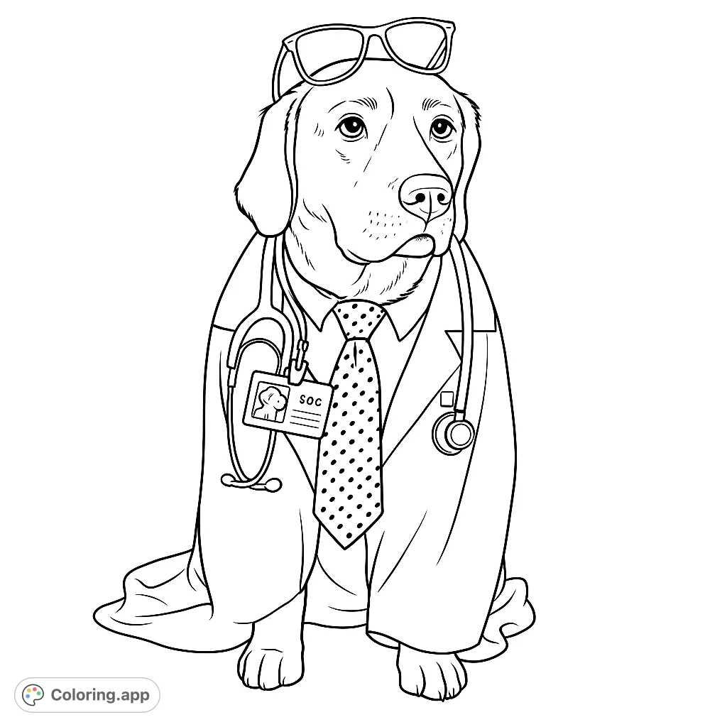 A charming dog dressed as a doctor, complete with a lab coat, tie, stethoscope, and glasses, ready to bring smiles and comfort.