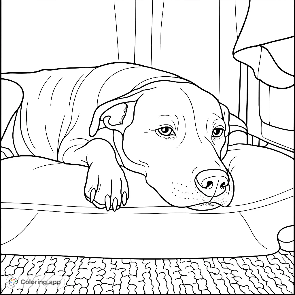A serene dog rests on a soft cushion, inviting you to add vibrant colors to its fur and cozy surroundings. Perfect for pet lovers!