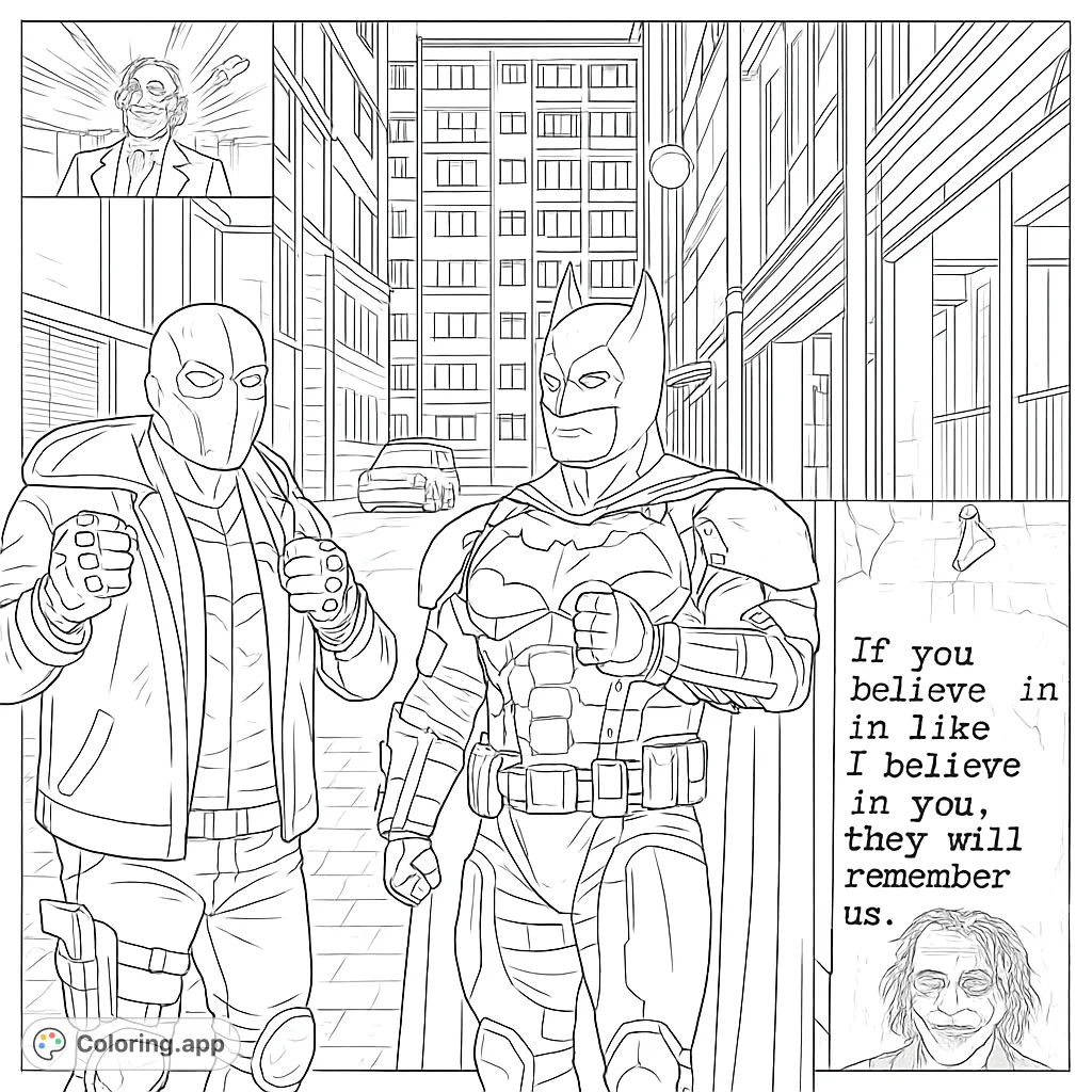 Dynamic duo Batman and Red Hood stand ready in a gritty urban alley, with subtle nods to their arch-nemesis. A thrilling superhero coloring page.