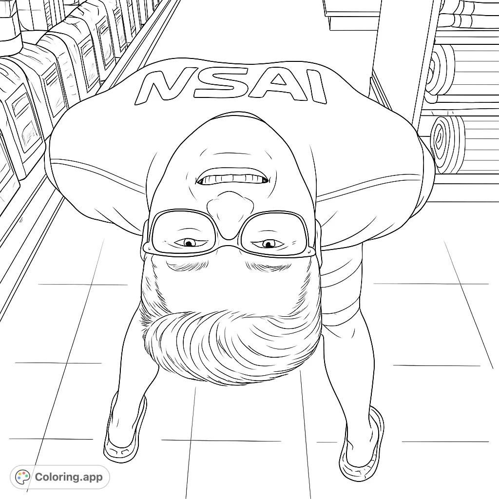 Unique low-angle view of a smiling person in a store aisle, wearing glasses and an 'NSAI' shirt. A fun, free printable perspective coloring page.