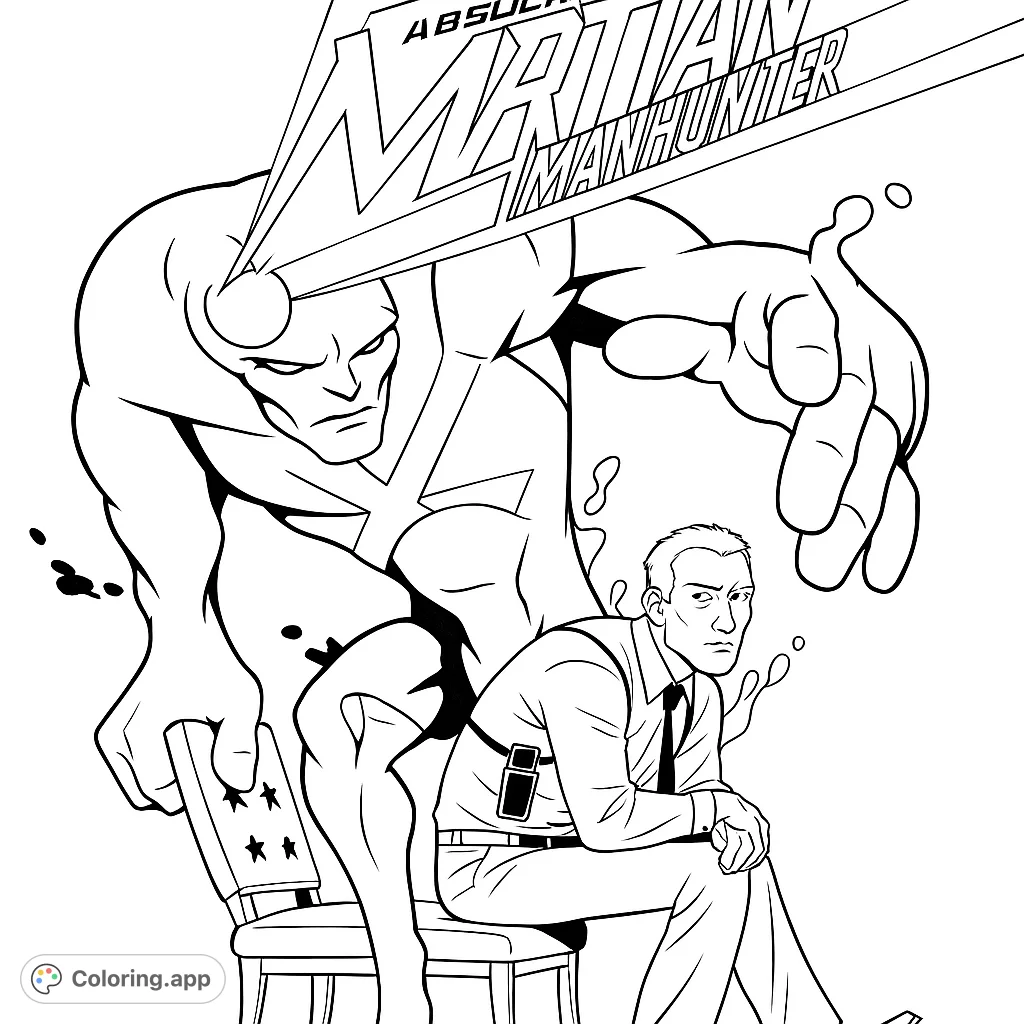 Dynamic superhero and seated agent in a powerful pose. A free printable superhero coloring page for all ages, perfect for comic fans.