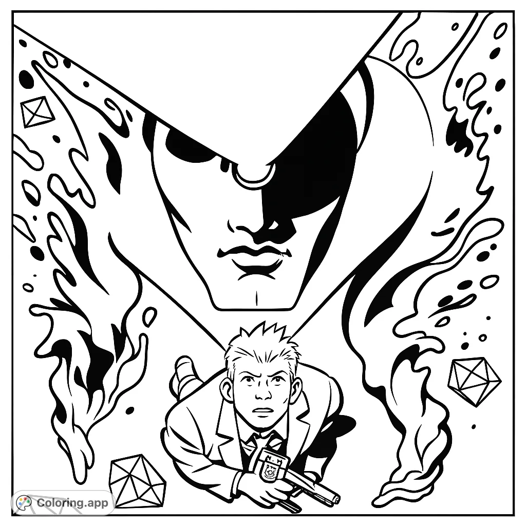 An intense action coloring page featuring an agent with a pistol under the gaze of a mysterious, angular face, surrounded by swirling energy and crystals.
