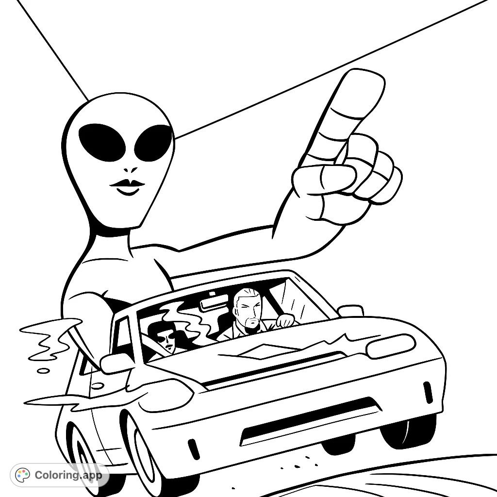 Join an alien and two humans on a thrilling road trip adventure! A dynamic, free printable alien coloring page for all ages.