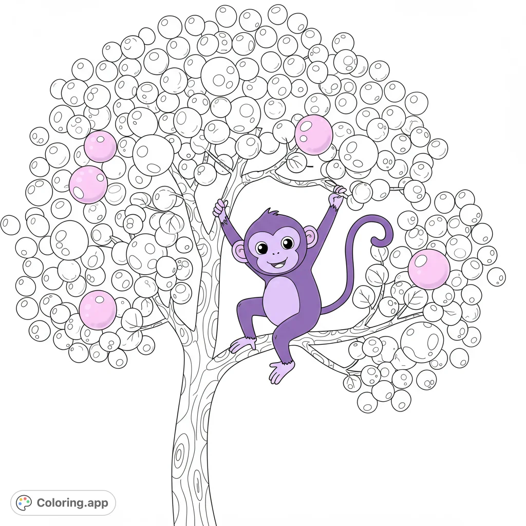A cheerful monkey swings playfully in a unique tree adorned with countless bubble-like leaves. A fun, free printable monkey coloring page for all ages.