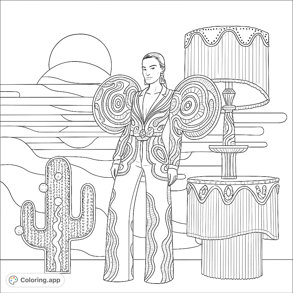 A striking fashion figure in an avant-garde outfit, flanked by a stylized cactus and ornate lamp, set against an abstract desert landscape.