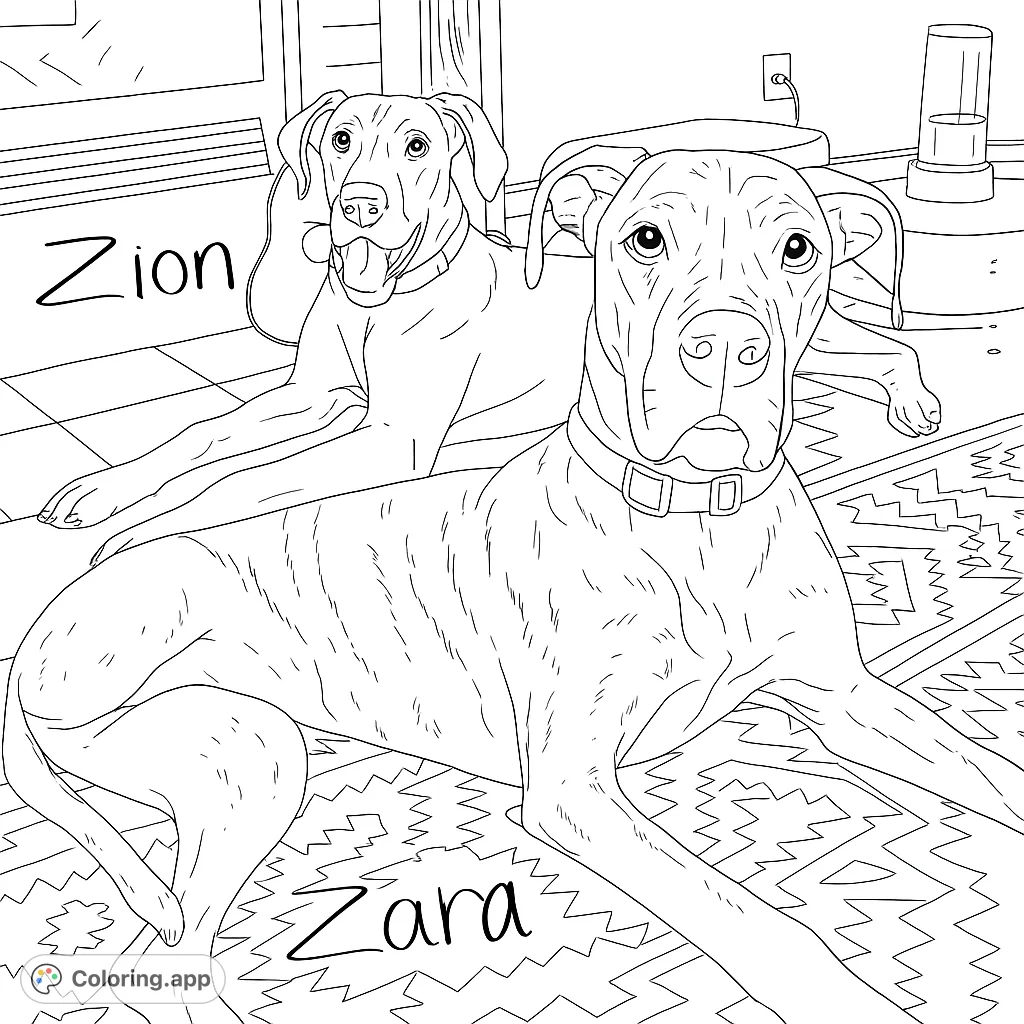 Two majestic dogs relax indoors on a patterned rug and tiled floor, ready for vibrant colors. A free printable dog coloring page for all ages.