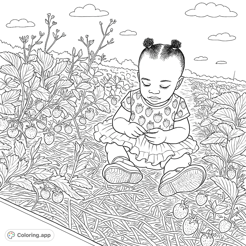 Adorable baby explores a vibrant strawberry patch, surrounded by lush plants and ripe berries. A sweet, free printable coloring page for kids.