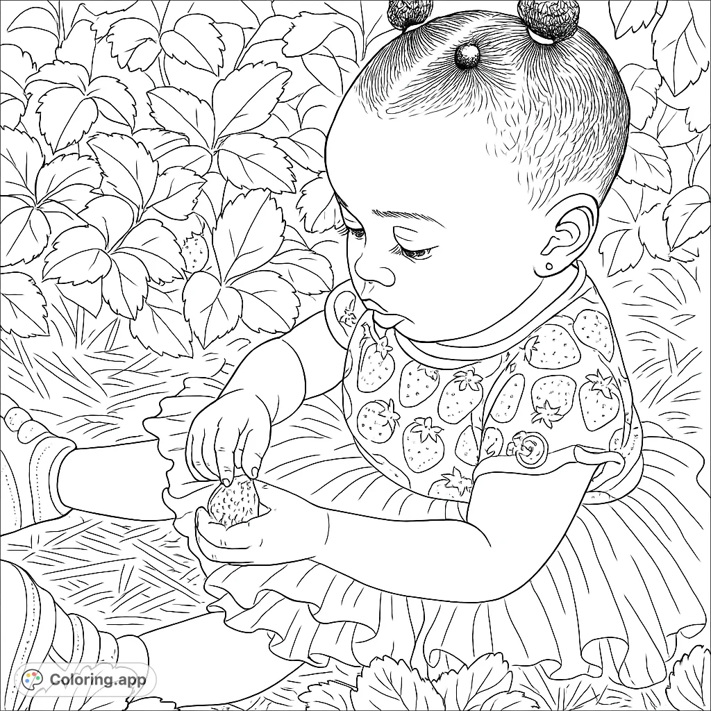 Adorable baby explores a strawberry patch, holding a fresh berry. A charming free printable coloring page for kids and adults, perfect for summer fun.