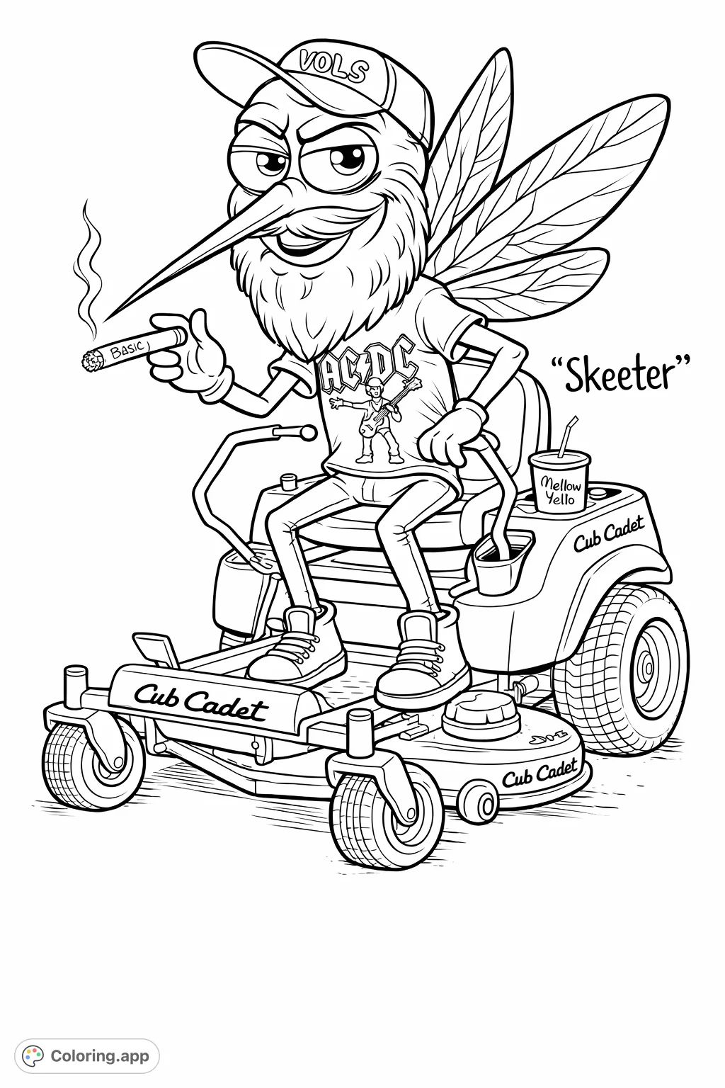 Meet the Mosquito Mower Boss in this cartoony coloring page! A winged character on a riding lawnmower, holding a cigar, ready to roll.