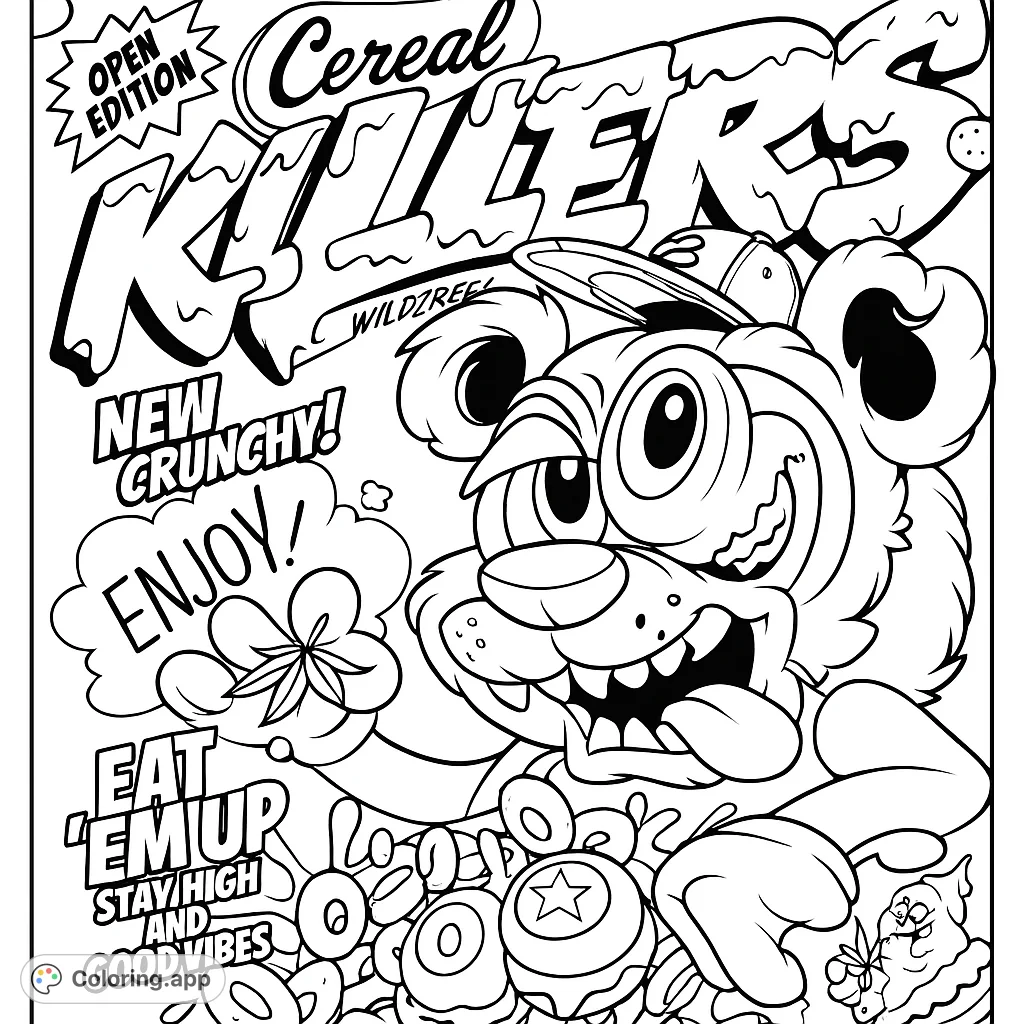 A wild, zany cartoon character with large eyes and a wide grin, surrounded by cereal pieces and dynamic shapes, ready for vibrant coloring.