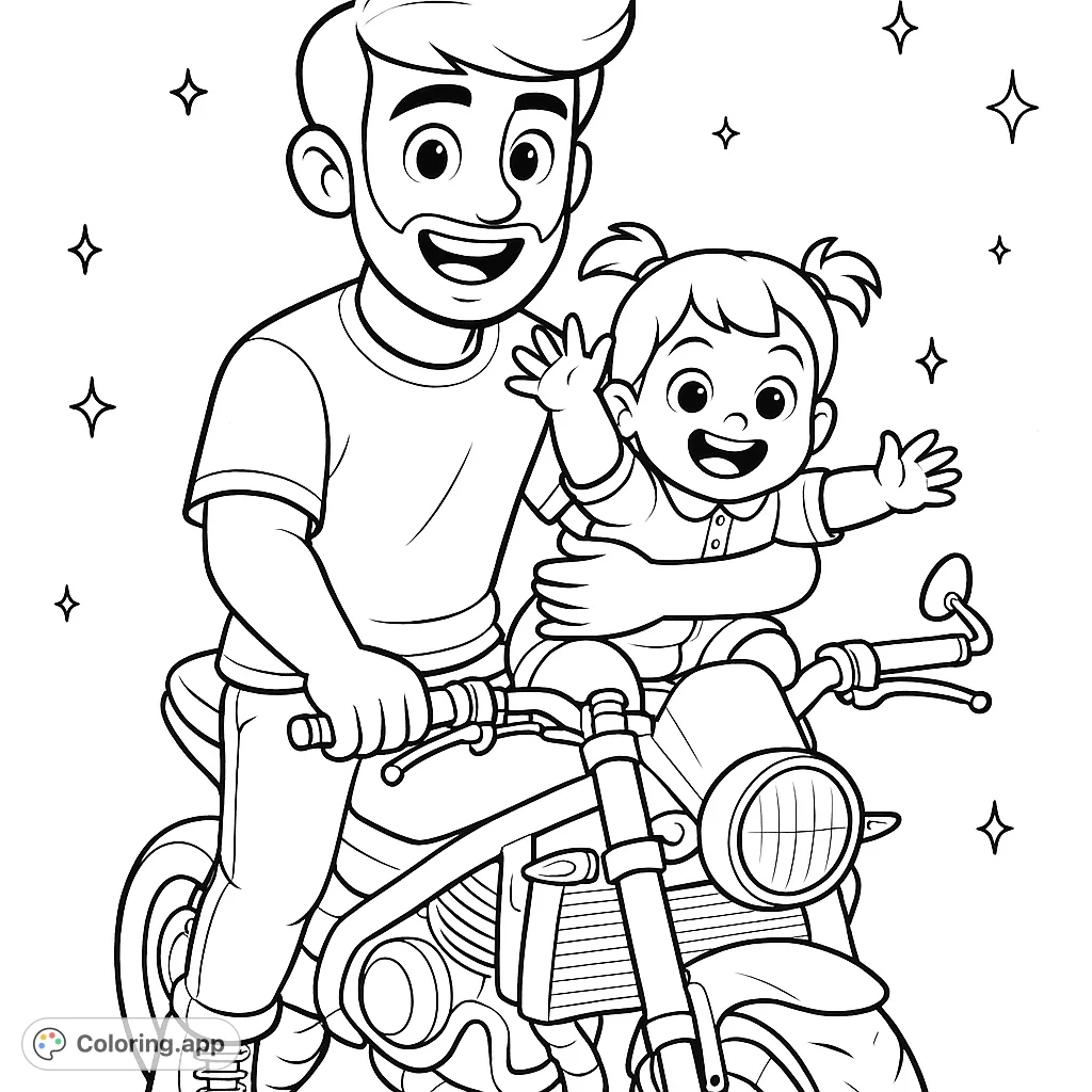 A heartwarming father-daughter motorcycle ride, featuring a happy dad and child waving from a classic bike. Perfect for family-themed coloring fun!