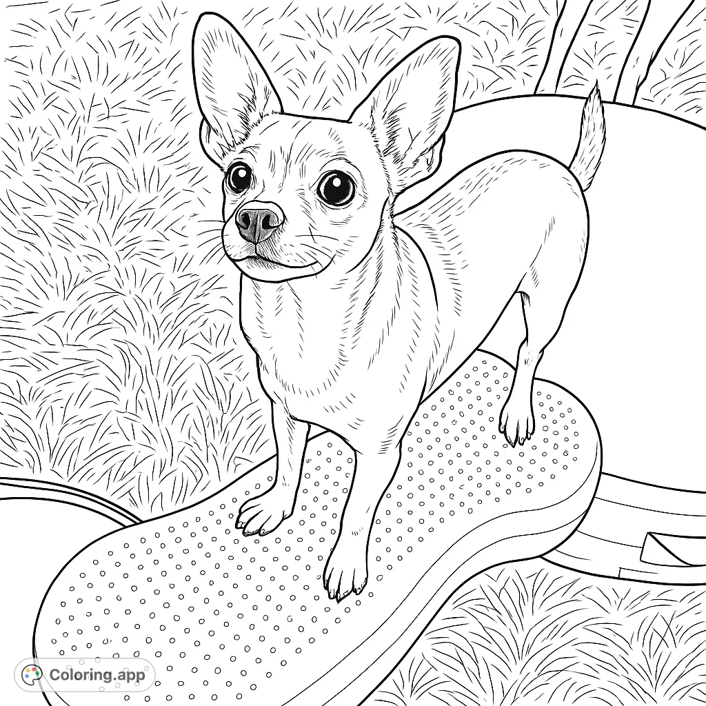 An adorable Chihuahua stands on a textured balance board amidst grassy lines. A charming free printable chihuahua coloring page for all ages.