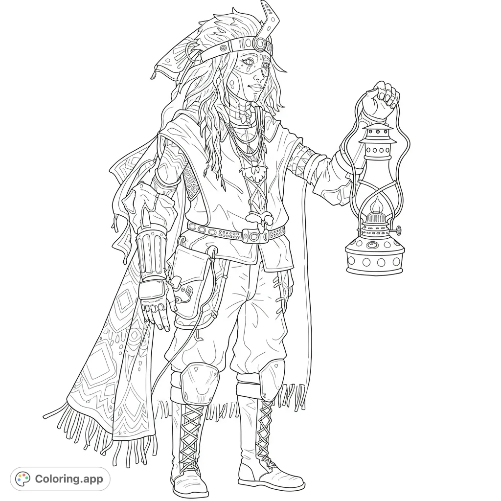 Explore a detailed steampunk adventurer with a glowing lantern. Perfect for fantasy and sci-fi fans, this free printable coloring page offers intricate details.