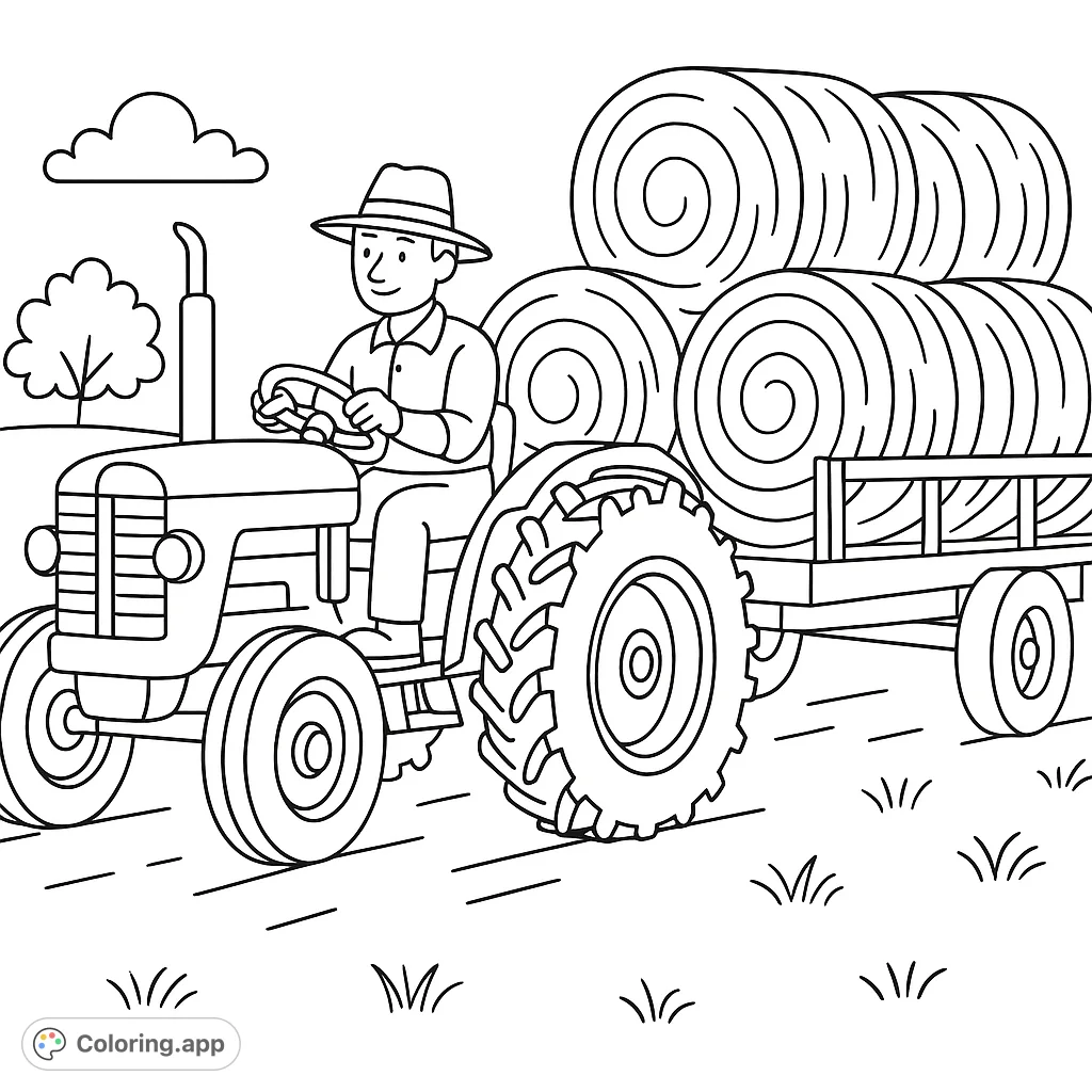 A charming farm scene featuring a farmer driving a tractor pulling a trailer full of hay bales. Perfect for a delightful farm-themed coloring adventure!