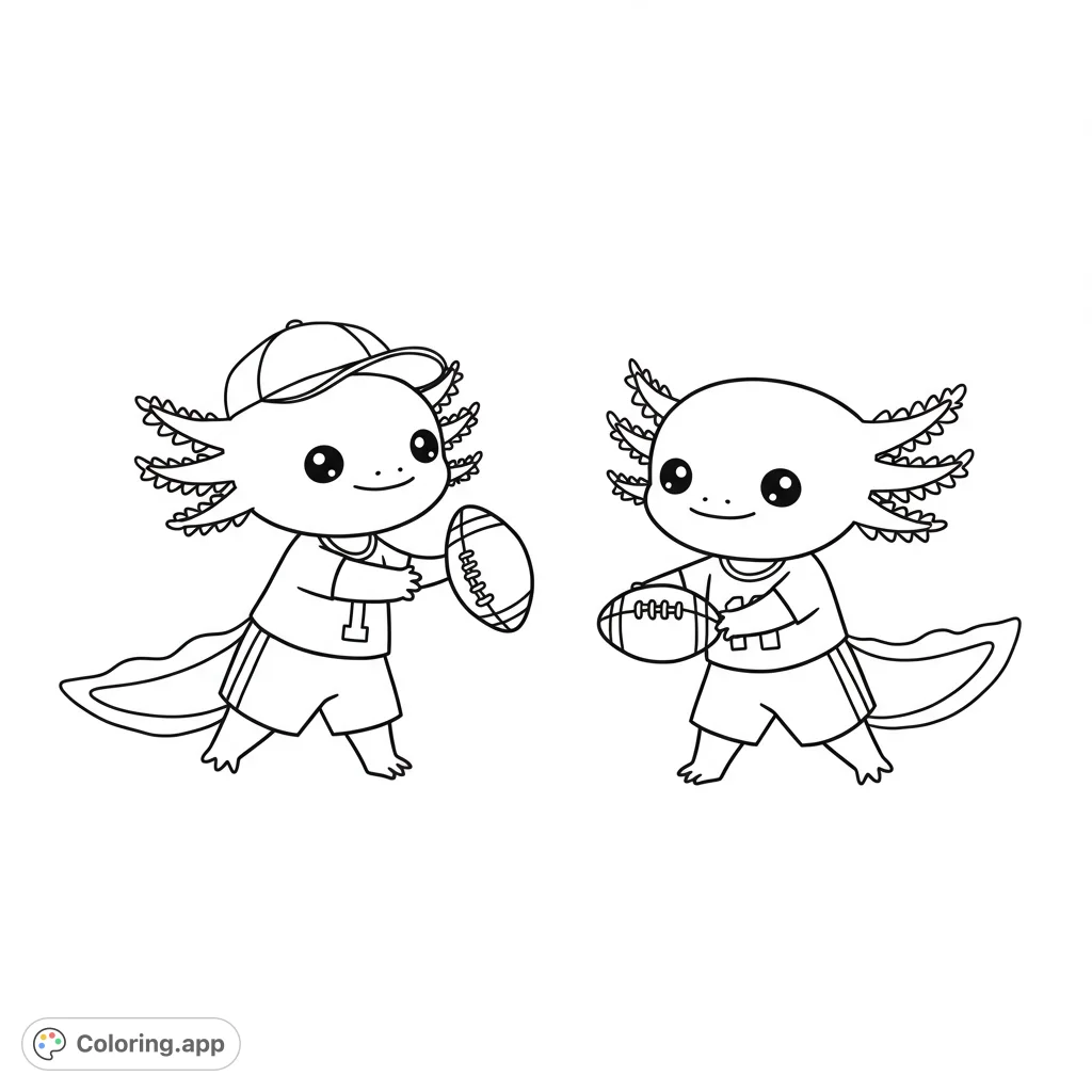 Two adorable axolotls in sports gear, ready to play football. A fun, free printable axolotl coloring page for kids and adults.