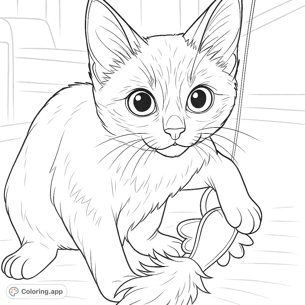 A delightful kitten coloring page featuring a playful feline with big eyes, batting at a toy. Perfect for pet lovers and all ages!