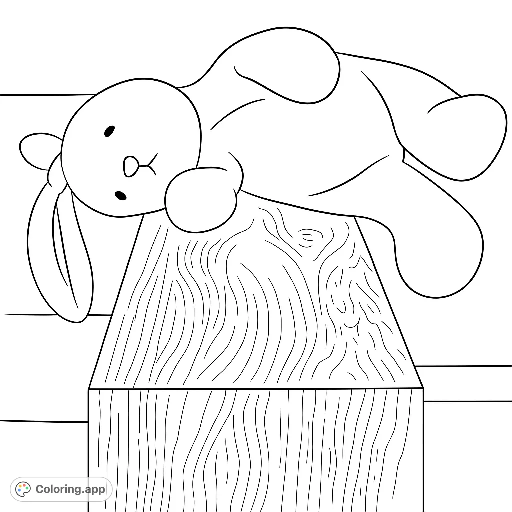A charming plush bunny rests on a textured wooden block, perfect for a cozy, simple coloring experience. Free printable bunny coloring page for kids.