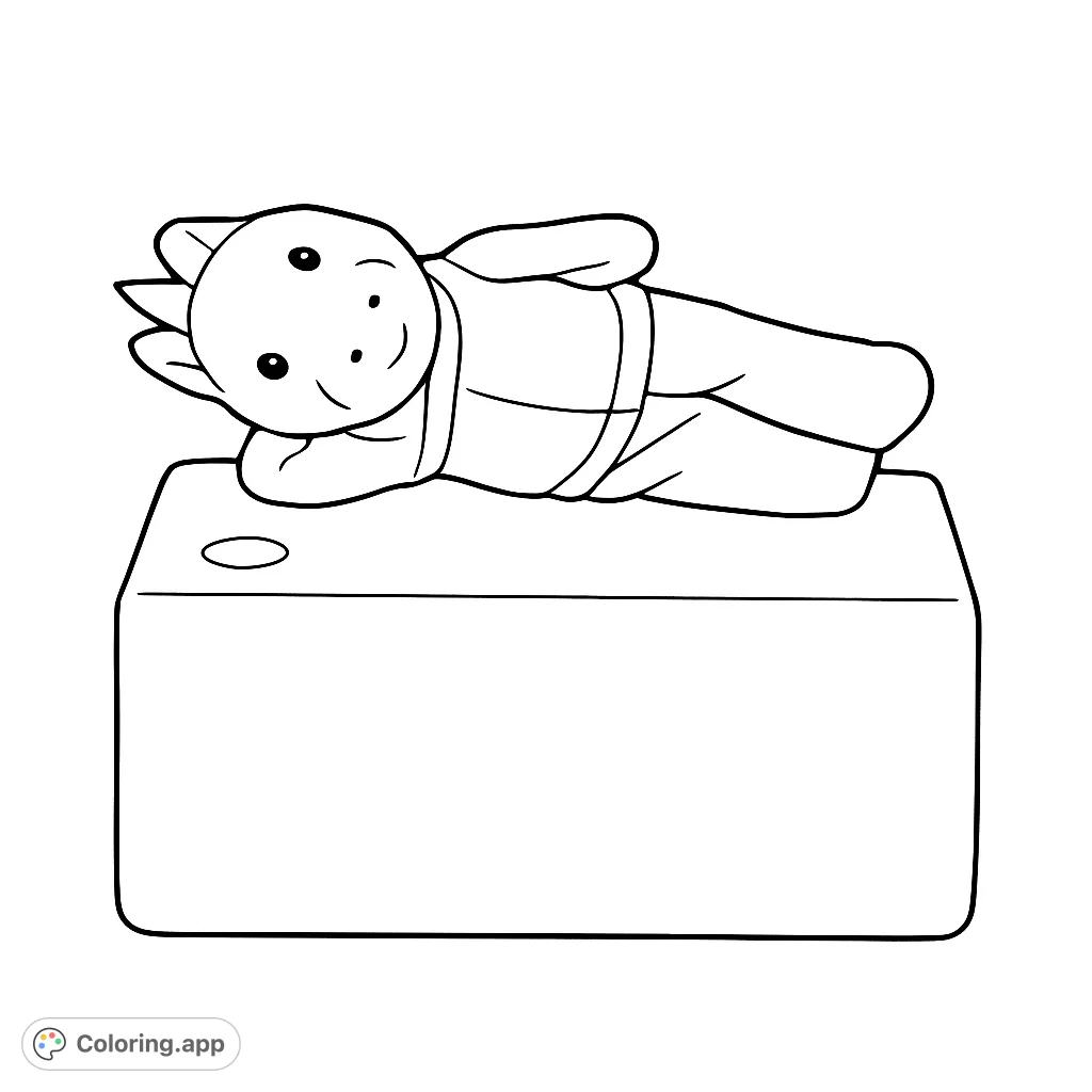 A charming baby creature rests on a simple block, ready for vibrant colors. A free printable cute creature coloring page for kids and adults.