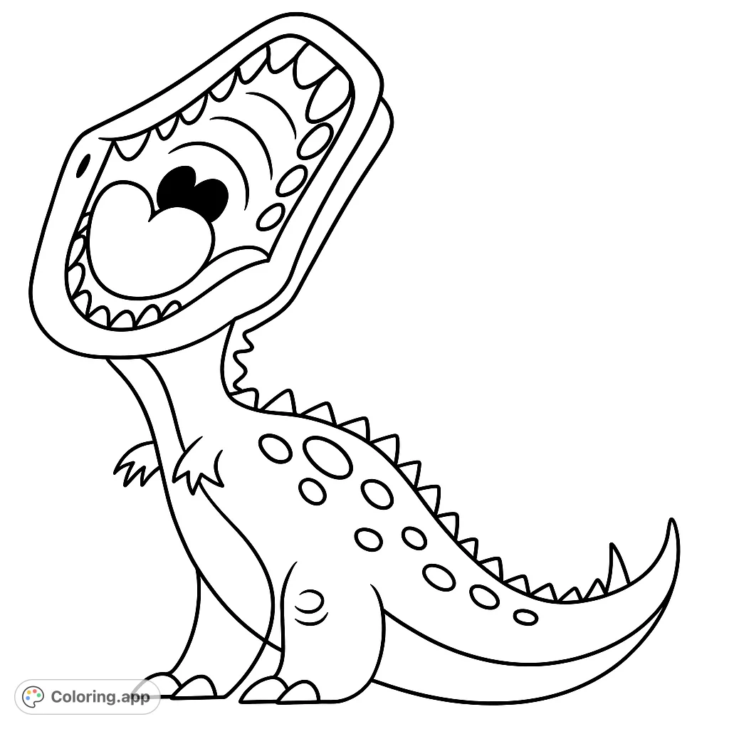 Roaring cartoon dinosaur with a heart-shaped tongue and spiky back. A fun, free printable dinosaur coloring page for kids and adults!
