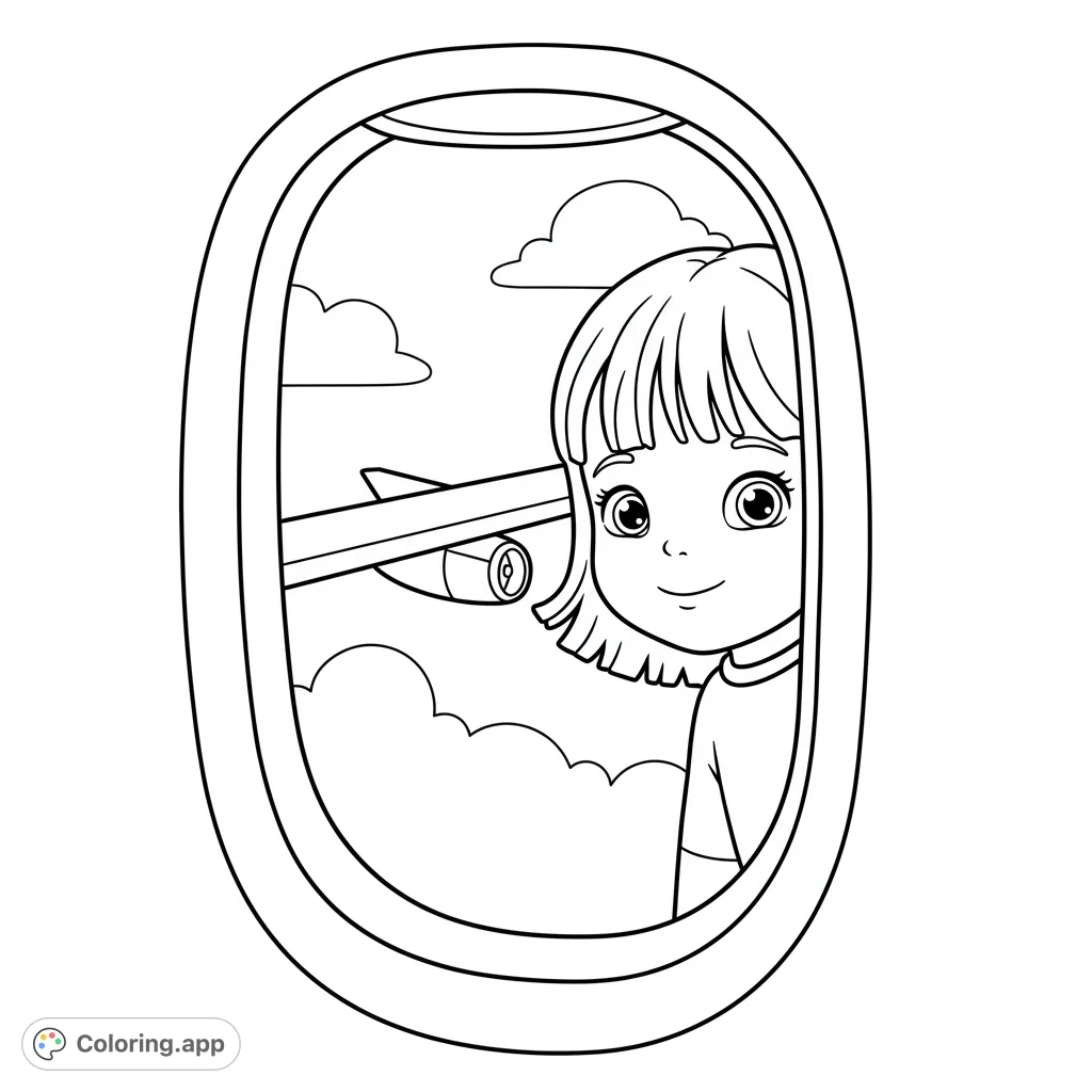 A delightful airplane coloring page featuring a little girl gazing out the window at fluffy clouds. Perfect for travel enthusiasts and coloring pages for kids.