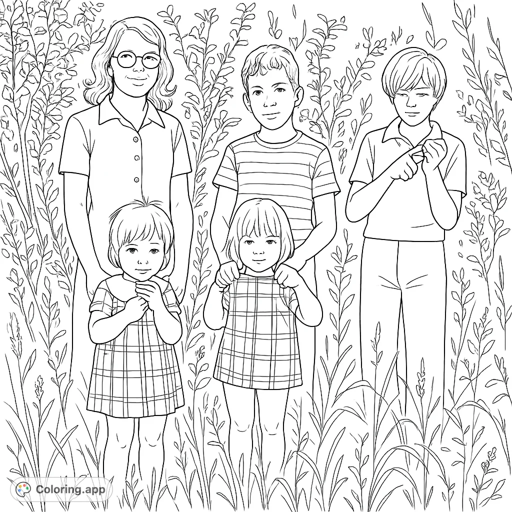 A heartwarming family portrait coloring page featuring five individuals amidst lush foliage, perfect for all ages to personalize with vibrant colors.