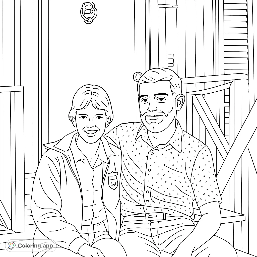 A heartwarming family coloring page featuring a smiling couple seated on a rustic porch, perfect for all ages. Free printable coloring page.
