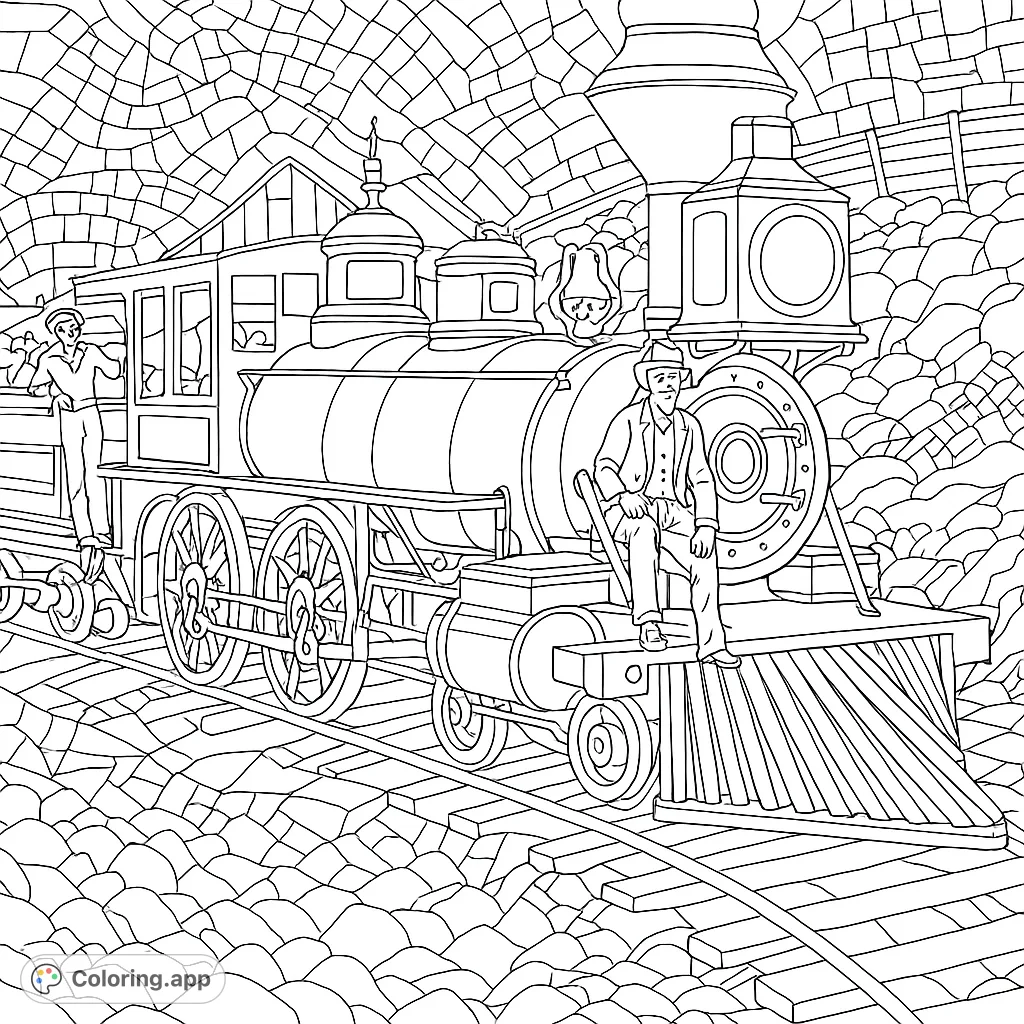 Embark on a historical journey with this vintage steam locomotive coloring page. Features a detailed train, a conductor, and a scenic railway landscape.