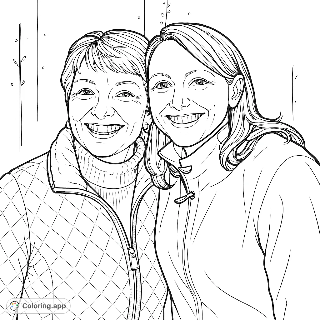 A heartwarming portrait of two smiling women, one older and one younger, radiating joy. Perfect for a free printable family coloring page.