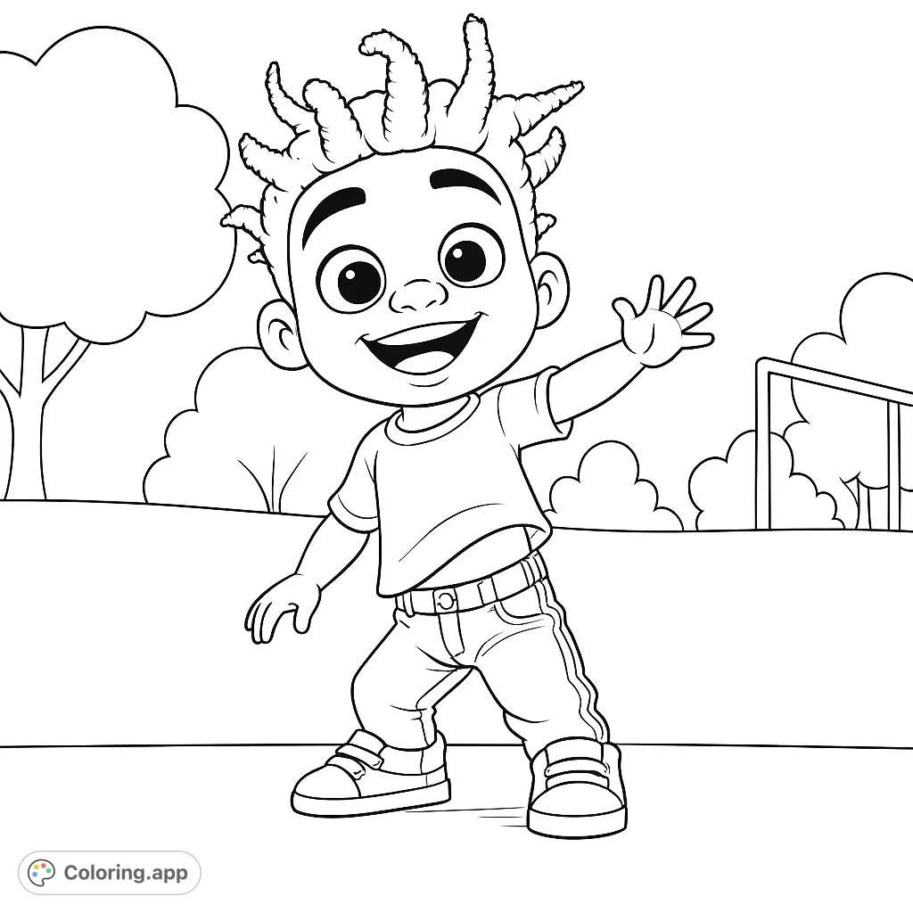 A cheerful cartoon boy with spiky hair waves in a park setting, featuring trees and a playground structure. A fun, free printable coloring page for kids.