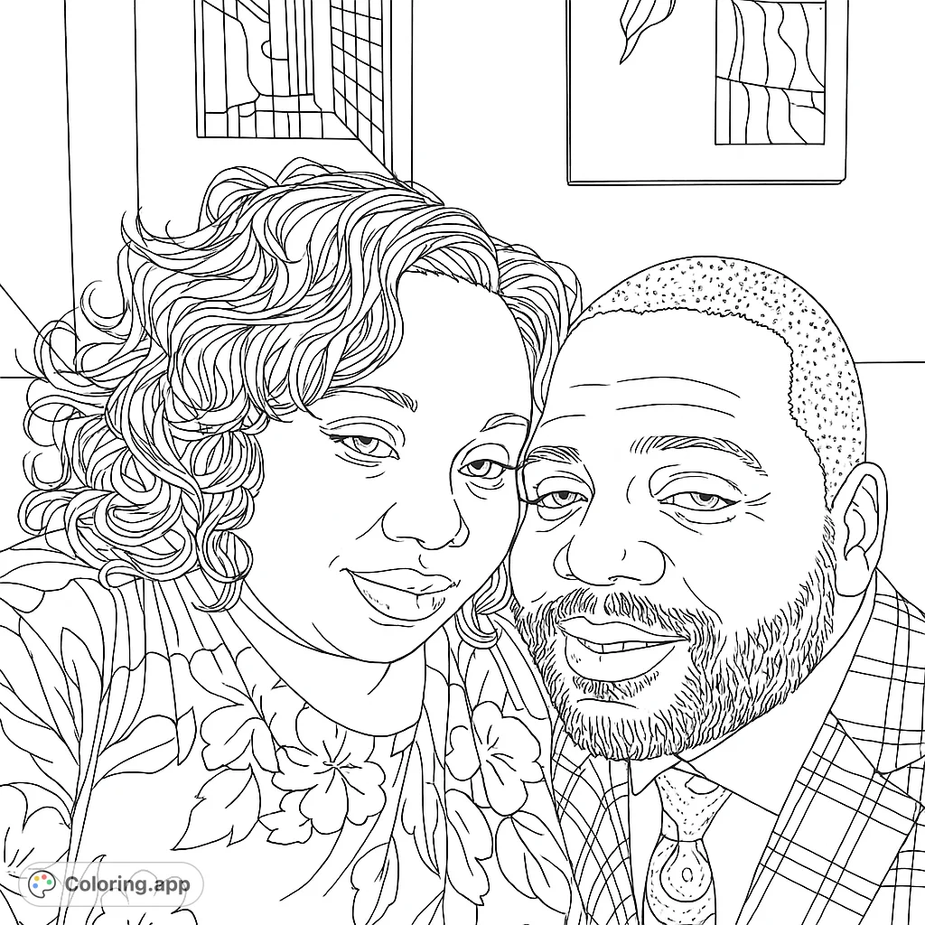 Color a heartwarming portrait of a smiling couple. Features intricate hair, beard, and clothing patterns, perfect for a personalized touch.