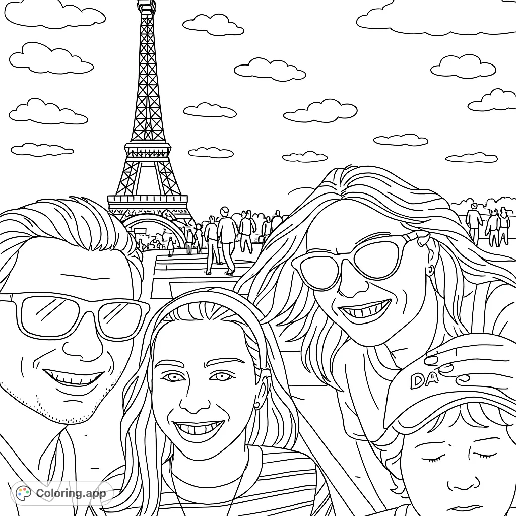 A joyful family selfie in front of the iconic Eiffel Tower, perfect for a Paris-themed coloring adventure. Capture the magic of travel and family memories!