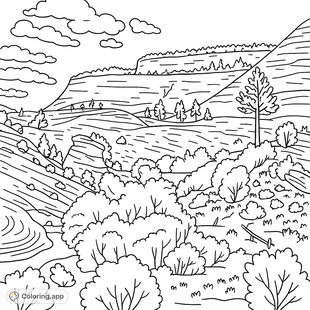 Explore a vast canyon landscape coloring page featuring layered cliffs, rolling hills, and abundant bushes. A free printable nature scene for all ages.