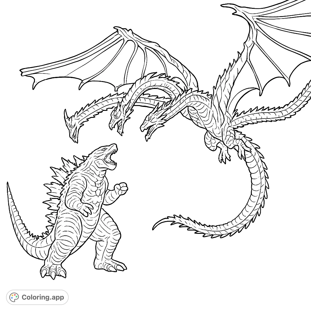 Epic kaiju clash coloring page featuring a mighty reptilian monster facing off against a formidable three-headed dragon. Free printable monster coloring page for all ages.