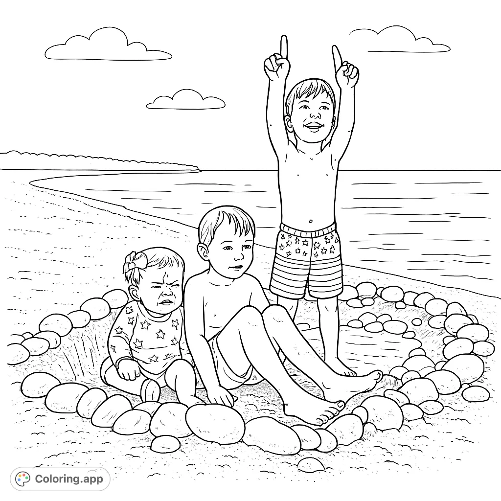 A delightful beach day scene featuring three children, including a joyful older boy, a calm younger boy, and a grumpy baby, surrounded by beach stones.
