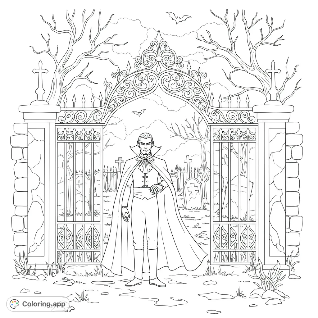 A dramatic Halloween coloring page featuring a vampire at an ornate graveyard gate, surrounded by spooky tombstones and bare trees. Perfect for gothic fans.