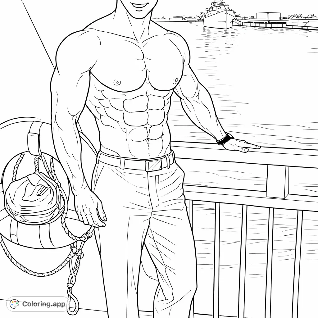 A powerfully built man stands shirtless on a boat deck, posing beside a railing with a water backdrop and a distant vessel. Perfect for anatomy and maritime themes.