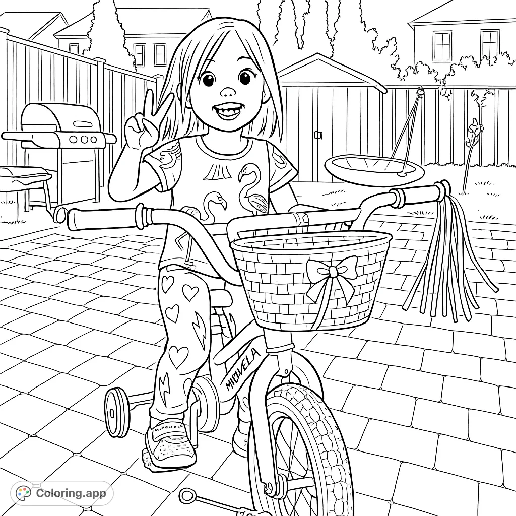 A cheerful girl on her bicycle with training wheels in a sunny backyard, perfect for a fun backyard adventure coloring page.