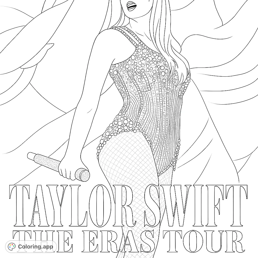 Capture the energy of a pop star on stage in this dynamic coloring page. Intricate details on her sparkling outfit and microphone.