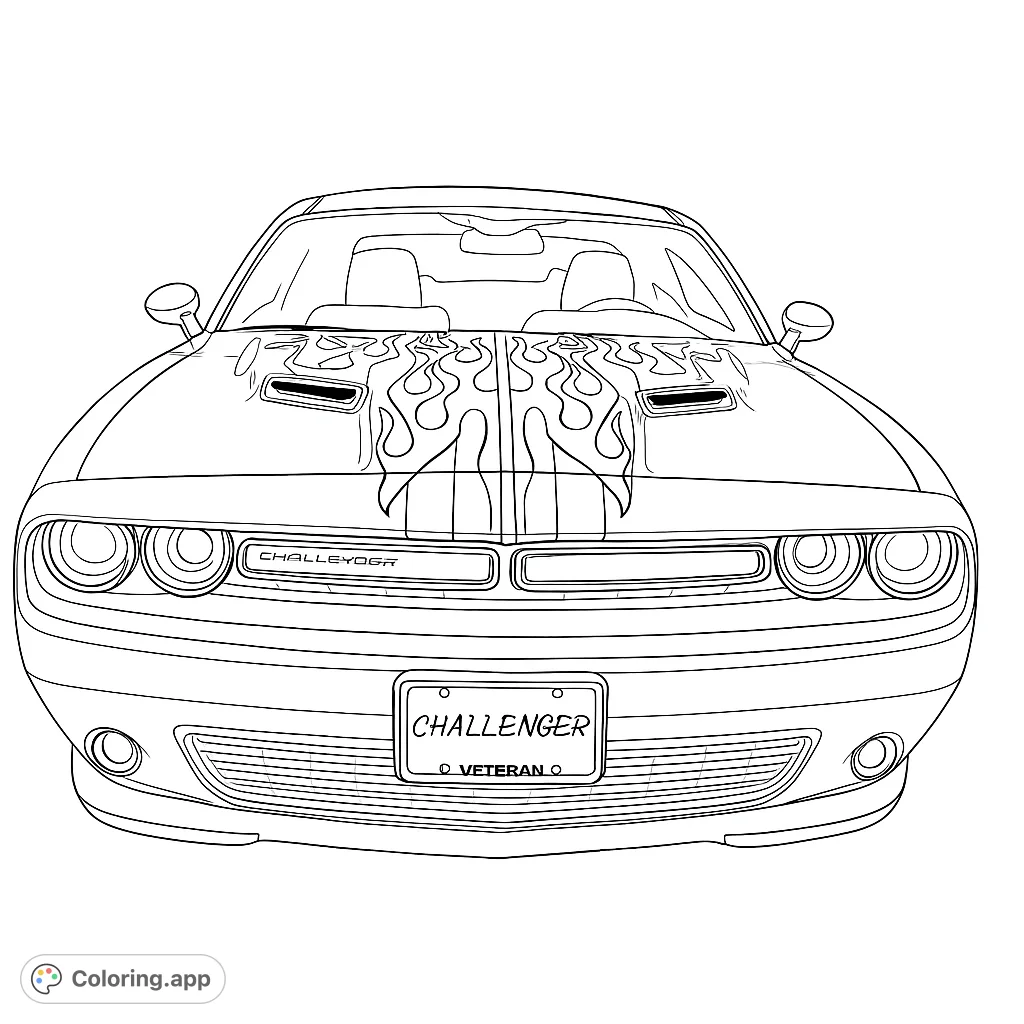 Detailed line art of a Dodge Challenger with custom hood flames. A fun coloring activity for car enthusiasts of all ages.