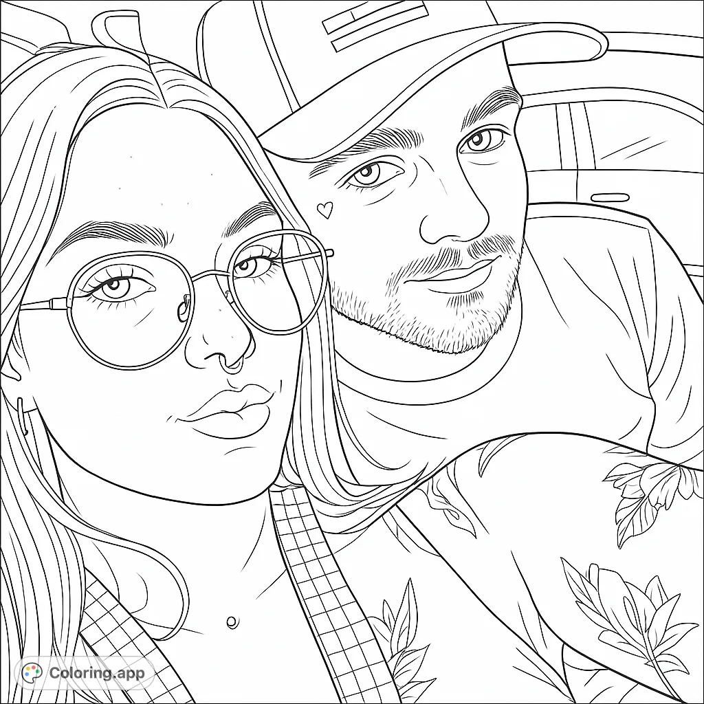 Capture love with this modern couple portrait coloring page. Features a woman with glasses and a man in a cap, perfect for personalizing.