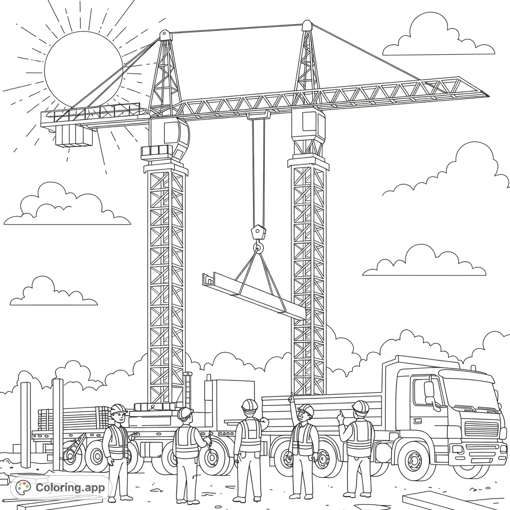 Dynamic construction site coloring page featuring two towering cranes, a large truck, and five workers, perfect for aspiring builders.