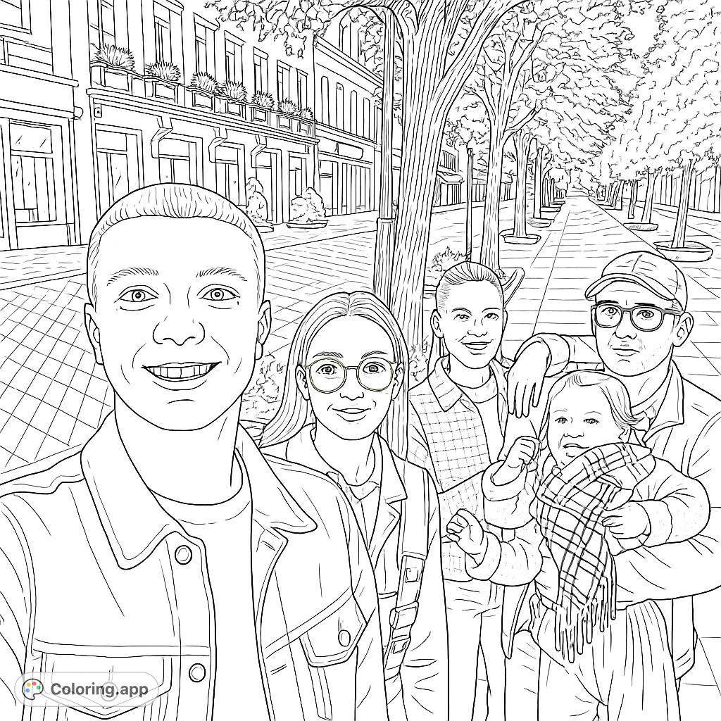 Capture a heartwarming family selfie on a bustling city street. This free printable coloring page features a joyful group, detailed buildings, and a tree-lined sidewalk, perfect for all ages.