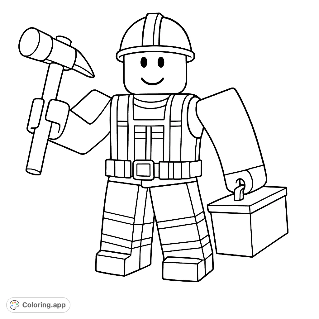 A fun block figure construction worker with hammer & toolbox. Free printable builder coloring page for kids & adults.