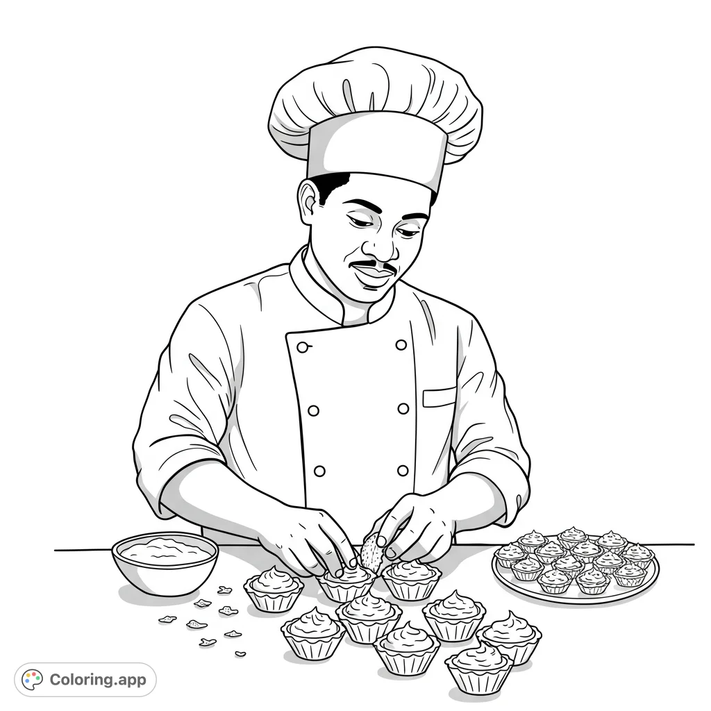 A cheerful chef meticulously decorates a batch of delightful cupcakes, ready for your creative colors. Perfect for foodies and aspiring bakers!
