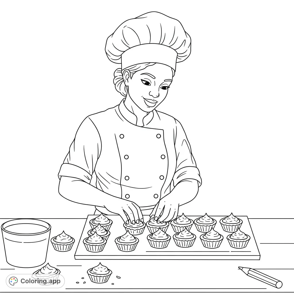 A delightful chef meticulously decorates a tray of sweet cupcakes, perfect for aspiring bakers and food lovers. A free printable baking coloring page.