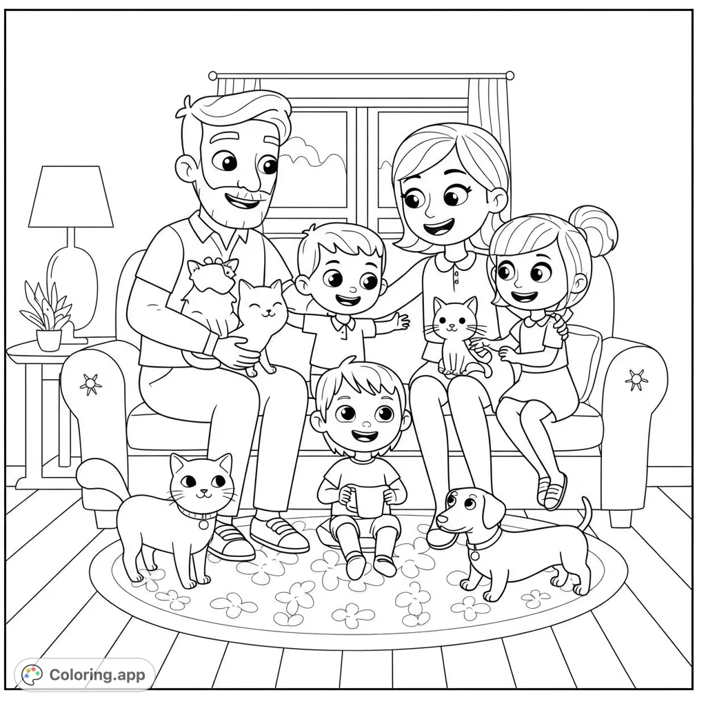 A heartwarming Shinrocks family and pets coloring page featuring two cats, a miniature pinscher, and a doxie dog in a cozy setting.