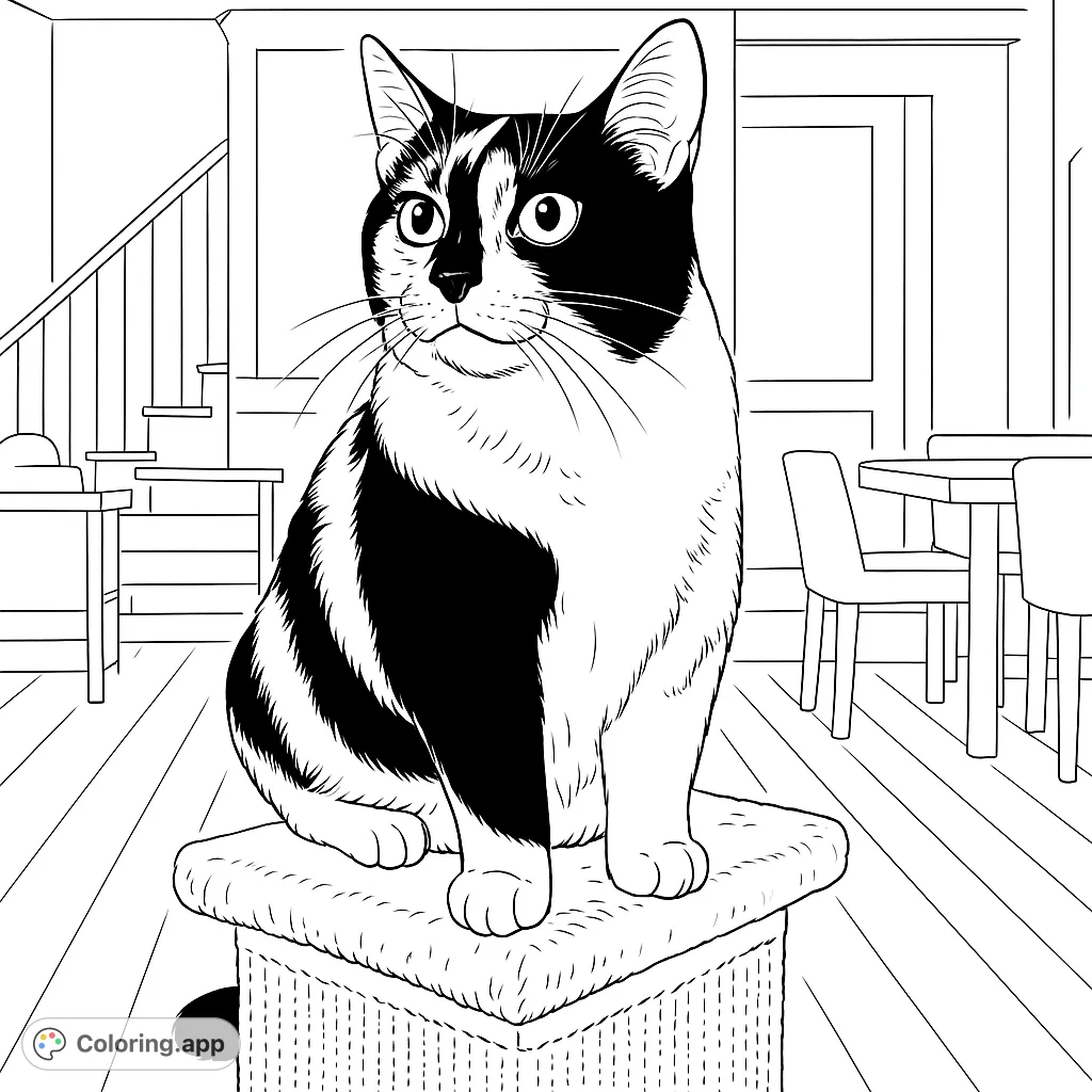 A charming calico cat sits regally on a scratching post, ready for vibrant colors. A delightful free printable cat coloring page for all ages!