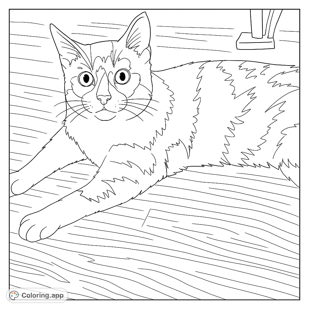 A charming calico cat lies on a wooden floor, its unique fur patterns ready for vibrant colors. A delightful free printable cat coloring page.